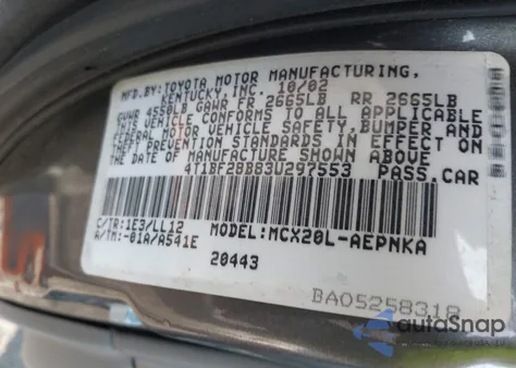 2003 Toyota Avalon Xl from USA, damaged, VIN 4T1BF28B83U297553